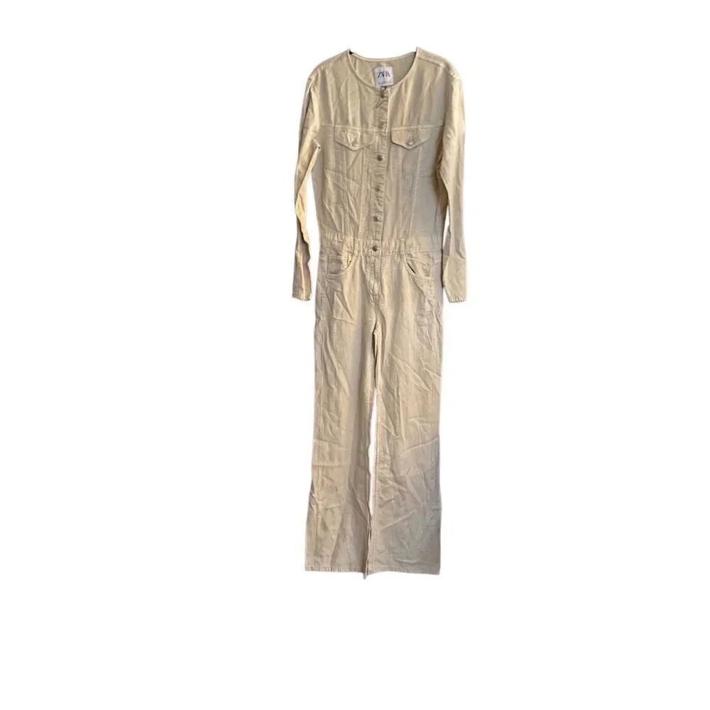 Zara NWOT women’s jumpsuit, beige linen blend coveralls size small